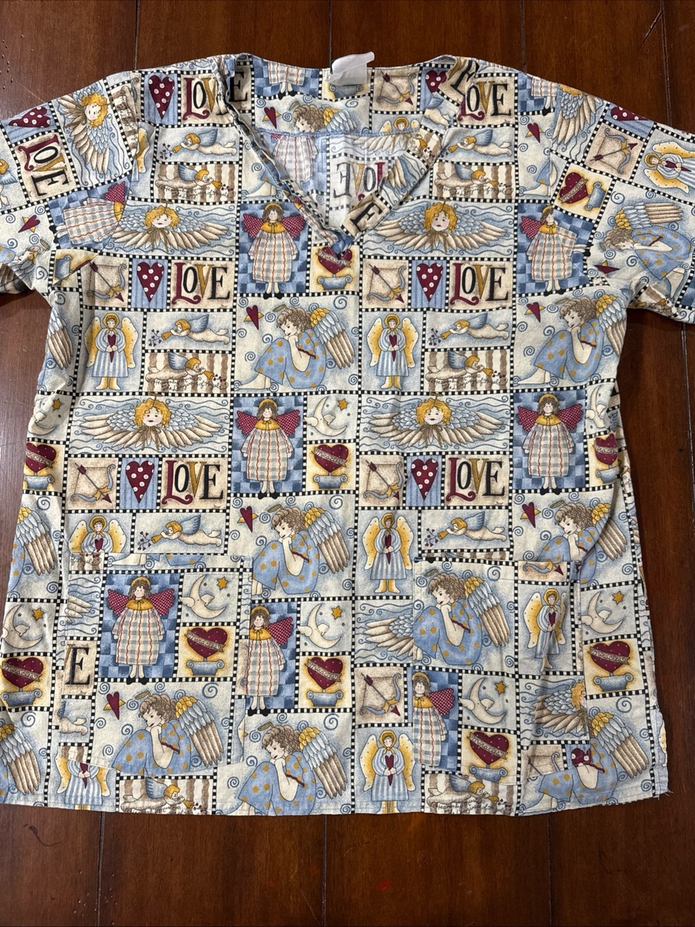 Vintage Cottonality Angel Love Scrub Top Made in USA Cottagecore Nurse